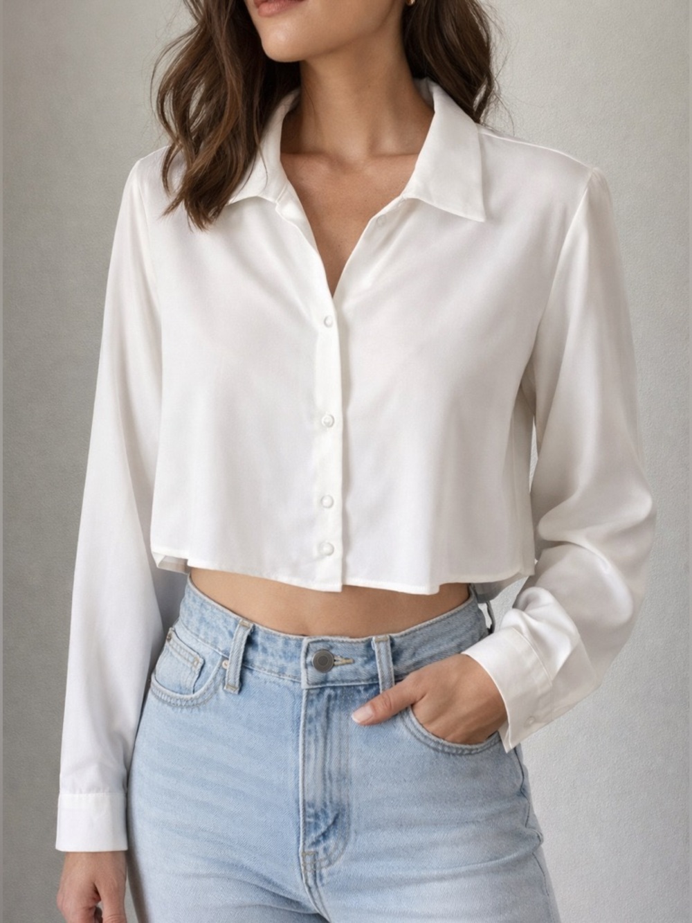 Zara Cropped White Blouse Long Sleeve Flowy Lightweight Chic Top Size M